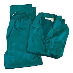 Delicates Pajama Set Womens LARGE Green Satin Long Sleeve Elastic Waist PJs